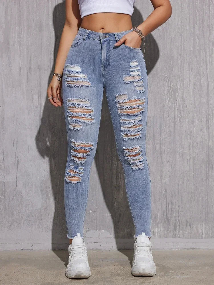 Skinny Stretch Lady High Waist Hole Denim Pants Fashion Solid Color Sexy Pencil Trousers