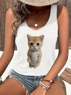 Cat Women Summer White Print T-shirt Girl Casual O Neck