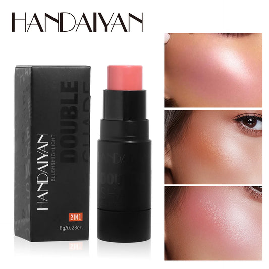 Handaiyan 2 In 1 Matte Glitter Face Blusher Smooth Cheek Velvety Blush Highlighter Stick Rouge Waterproof Contour Makeup