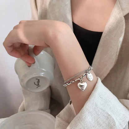 Elegant 925 Sterling Silver Love Letter Heart Double Layer Bracelet Female Unique Design Thai Silver Retro Light Luxury Jewelry