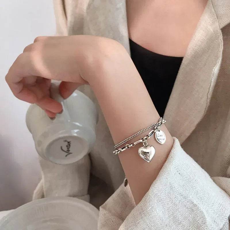 Elegant 925 Sterling Silver Love Letter Heart Double Layer Bracelet Female Unique Design Thai Silver Retro Light Luxury Jewelry - Imbasat