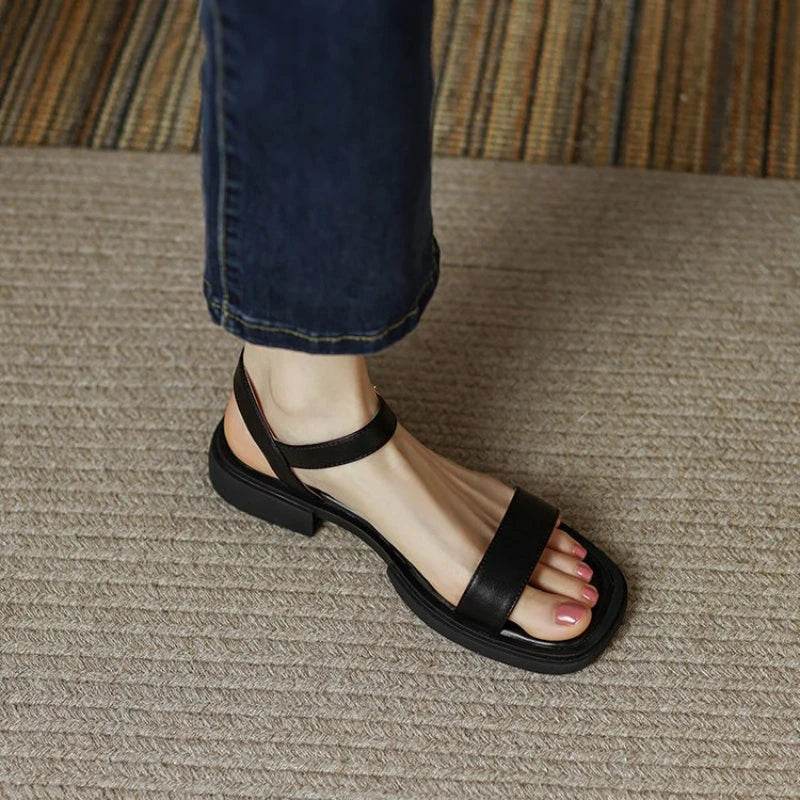 French Vintage Brown Sandals 24 Summer Low Heel Roman Shoes with Open Toe Stripe Simple and Comfortable Flat Bottom Women Shoes - Imbasat