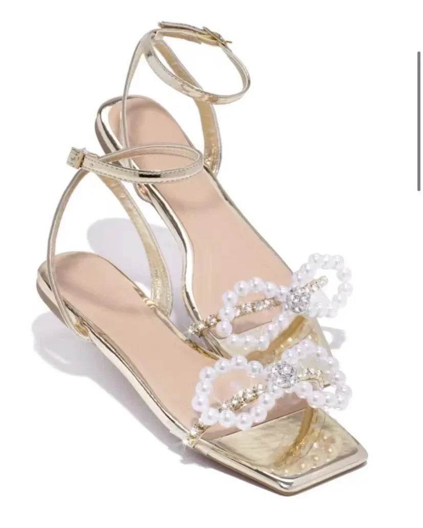 2023 Summer Women's Sandals with Bow Pearl Flat Heels Elegant Rhinestone Party Ladies Shoes Plus Size 42 Sandalias Mujer - Imbasat