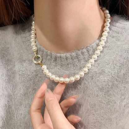 French Elegant Micro Set Zircon Round Buckle Imitation Pearl Beaded Necklace For Women's Temperament Jewelry Sweet Accessories