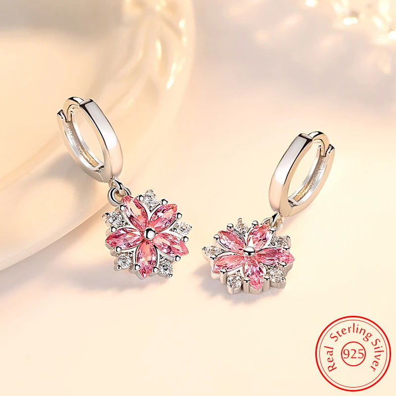 Genuine 925 Sterling Silver Crystal Zircon New Flower Jewelry Drop Earrings For Women XY0056