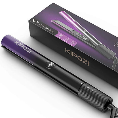 KIPOZI V7 Pro Hair Straightener Curler 2 in 1 Dual Voltage Titanium Straighteners For Salon Auto Shut Off Flat Iron  Purple