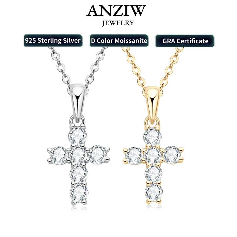 Anziw Classic Charm Cross Pendant Necklace 925 Sterling Silver Moissanite