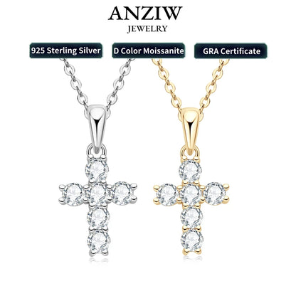 Anziw Classic Charm Cross Pendant Necklace 925 Sterling Silver Moissanite with Certificate  for Women Men Gifts Collar Jewelry