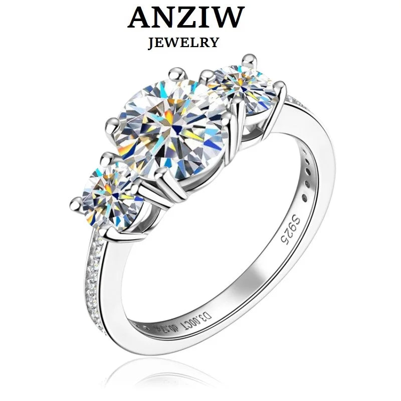 Anziw 3-stone Real 3.6CT Moissanite Ring