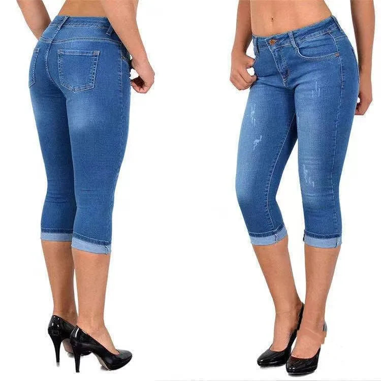 Summer Skinny Denim Pants Jeans Mid Waist Stretch Capri Pants Knee Length Trouser