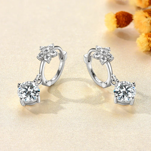Anziw 18k Gold Plated 925 Silver Flower 6.5MM 1CT Moissanite Drop Hoop Earrings