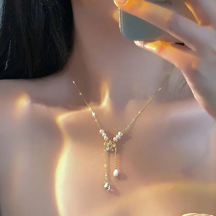 Vintage Zircon Flower Pearl Necklace