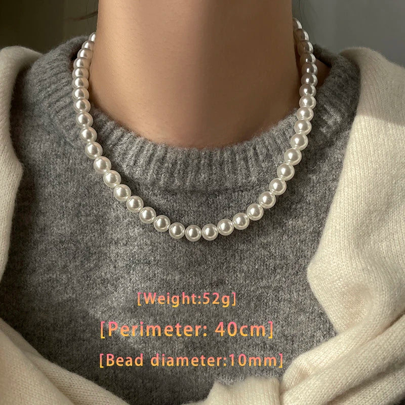 Girl’s Imitation White Pearl Magnetic Round Buckle Beadeds Chain Necklace 2024 New Collarbone Chain Elegant Jewelry for Women