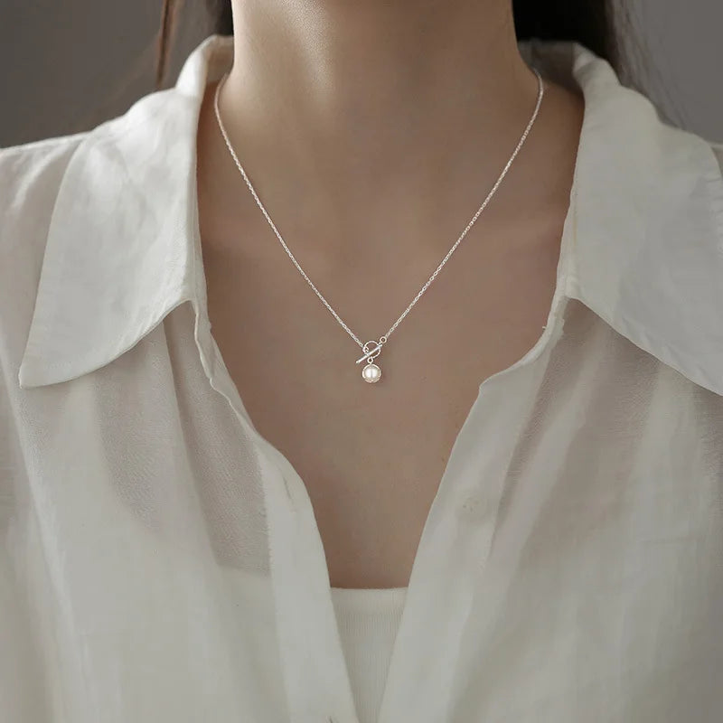 925 Silver Pearl Simple Elegant Thin Chain Pendant Necklace