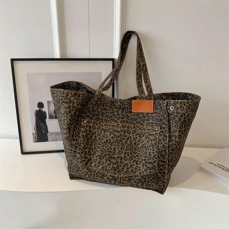 Oversized Leopard Prints Shoulder Bags for Women Deformable Canvas Large Capacity Shopping Totes 2024 Winter New Luxury Handbags - Imbasat