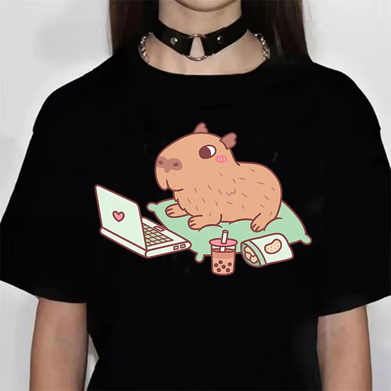 Funny Anime Capybara T Shirt Women Soft Fabric