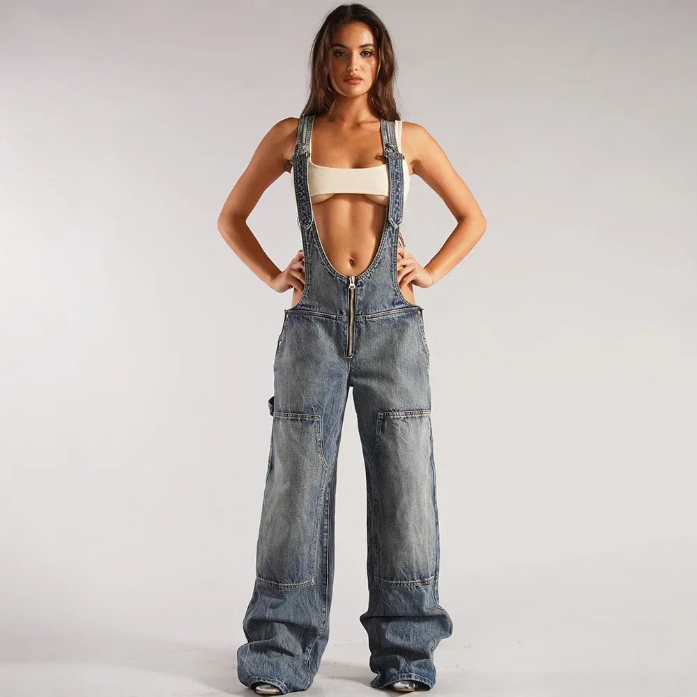 Jumpsuits Jeans Overalls  Backless Vintage Full Length Denim Straight Pants Loose Pockets