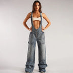 Jumpsuits Jeans Overalls  Backless Vintage Full Length Denim Straight Pants Loose Pockets
