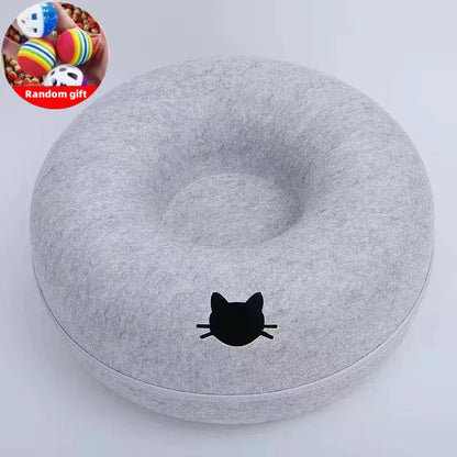 Cat Tunnel Bed for Indoor Cats Scratch Resistant Donut Cat Bed Cave Indoor Cat Hideout Detachable Round Felt & Washable