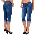 Summer Skinny Denim Pants Jeans Mid Waist Stretch Capri Pants Knee Length Trouser