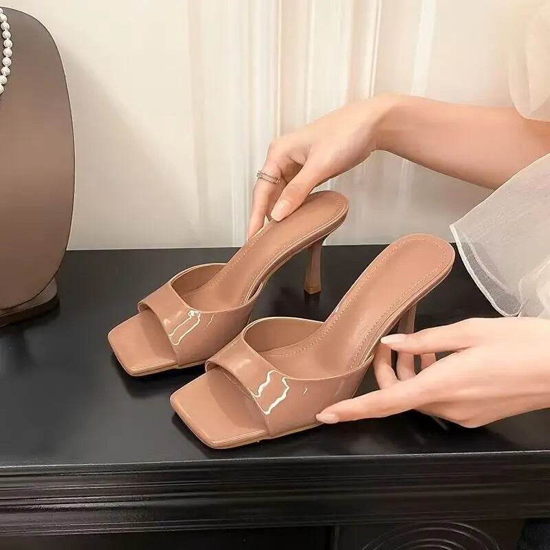 Lacquer Leather High-heeled Sandals for Women's Outdoor Slippers New Summer Versatile Slim Heel Square Toe Open Toe Flip Flops - Imbasat