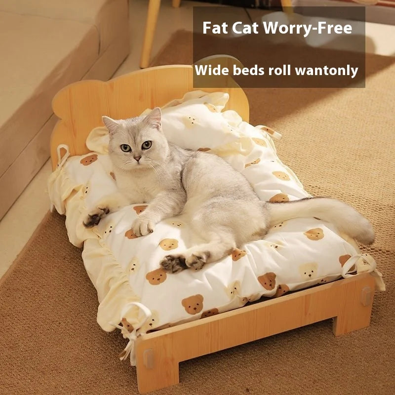 Solid Wood Cat Bed Summer Puppy Bed Removable Mat Washable All Season Universal Cat Nest