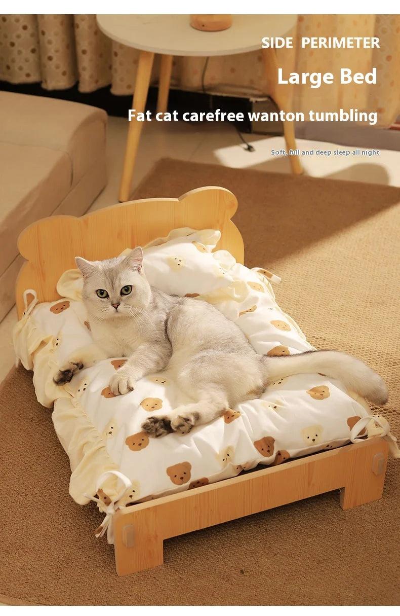 Solid Wood Cat Bed Summer Puppy Bed Removable Mat Washable All Season Universal Cat Nest
