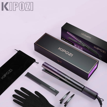 KIPOZI V7 Pro Hair Straightener Curler 2 in 1 Dual Voltage Titanium Straighteners For Salon Auto Shut Off Flat Iron  Purple