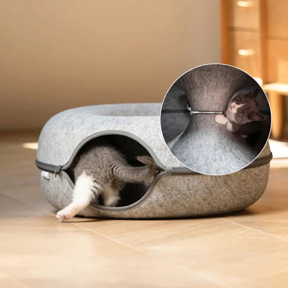 Cats Tunnel Bed Natural Felt Pet Cat Cave Nest Round House Donut Interactive Toy