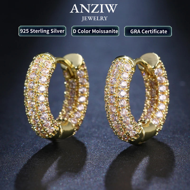 Anziw Micro Paved Full Moissanite Hoops Earrings Silver 925 Dazzling Diamond