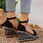 2024 Summer New European and American Fashion Simple Ethnic Style Slope Heel Sandals with One Button High Heel Women's Shoes - Imbasat