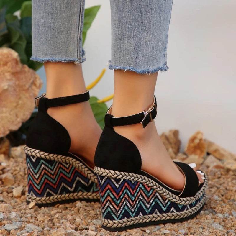 2024 Summer New European and American Fashion Simple Ethnic Style Slope Heel Sandals with One Button High Heel Women's Shoes - Imbasat