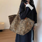 Oversized Leopard Prints Shoulder Bags for Women Deformable Canvas Large Capacity Shopping Totes 2024 Winter New Luxury Handbags - Imbasat