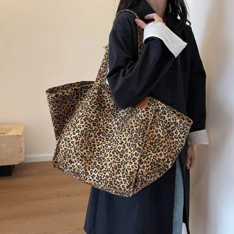 Oversized Leopard Prints Shoulder Bags for Women Deformable Canvas Large Capacity Shopping Totes 2024 Winter New Luxury Handbags - Imbasat