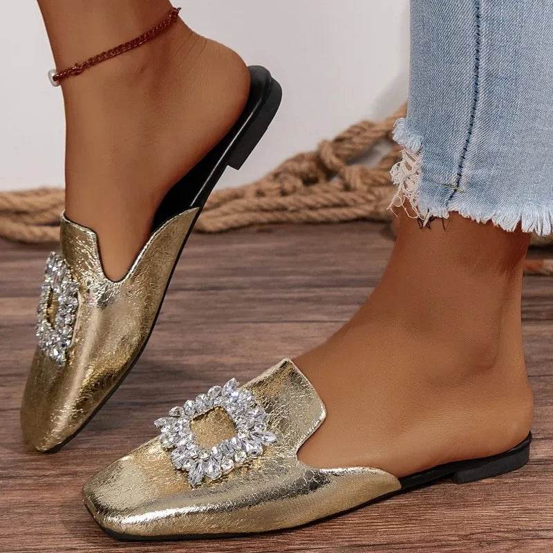 Women's Slippers 2024 Spring Autumn New Mules Slippers Luxurious Rhinestone Design Ladies Flat Slippers Pantuflas De Mujer - Imbasat