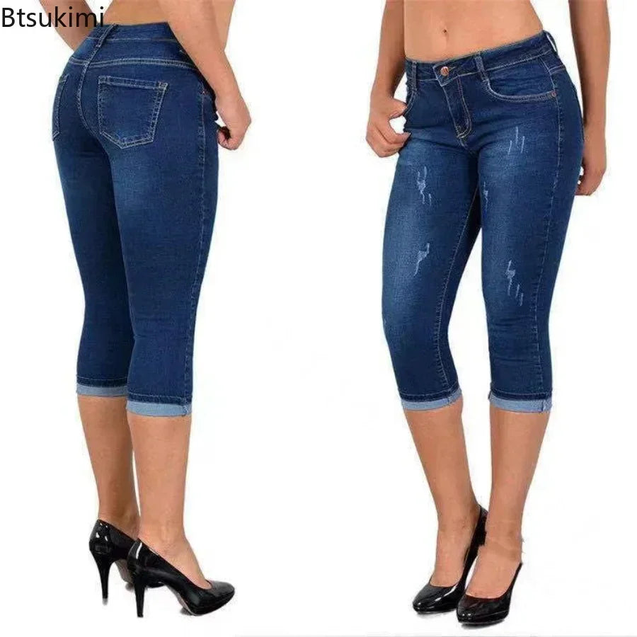 Summer Skinny Denim Pants Jeans Mid Waist Stretch Capri Pants Knee Length Trouser
