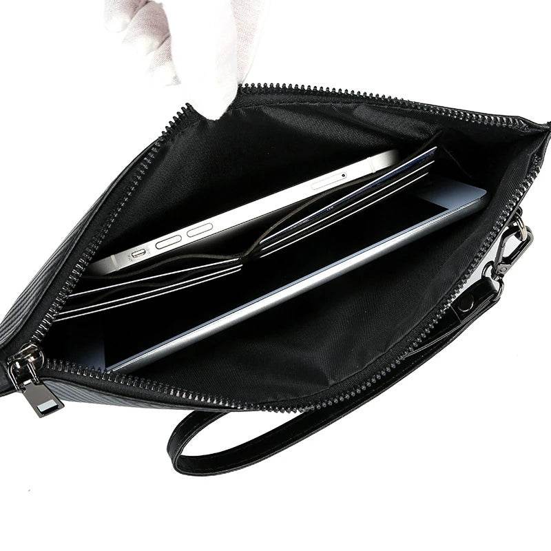 Men's Solid Leather Clutch Bag, Business Wrist Strap, Envelope Bag, Stripe Clutch, Evening Bag, Male Clutches, Handbag, Fashion - Imbasat