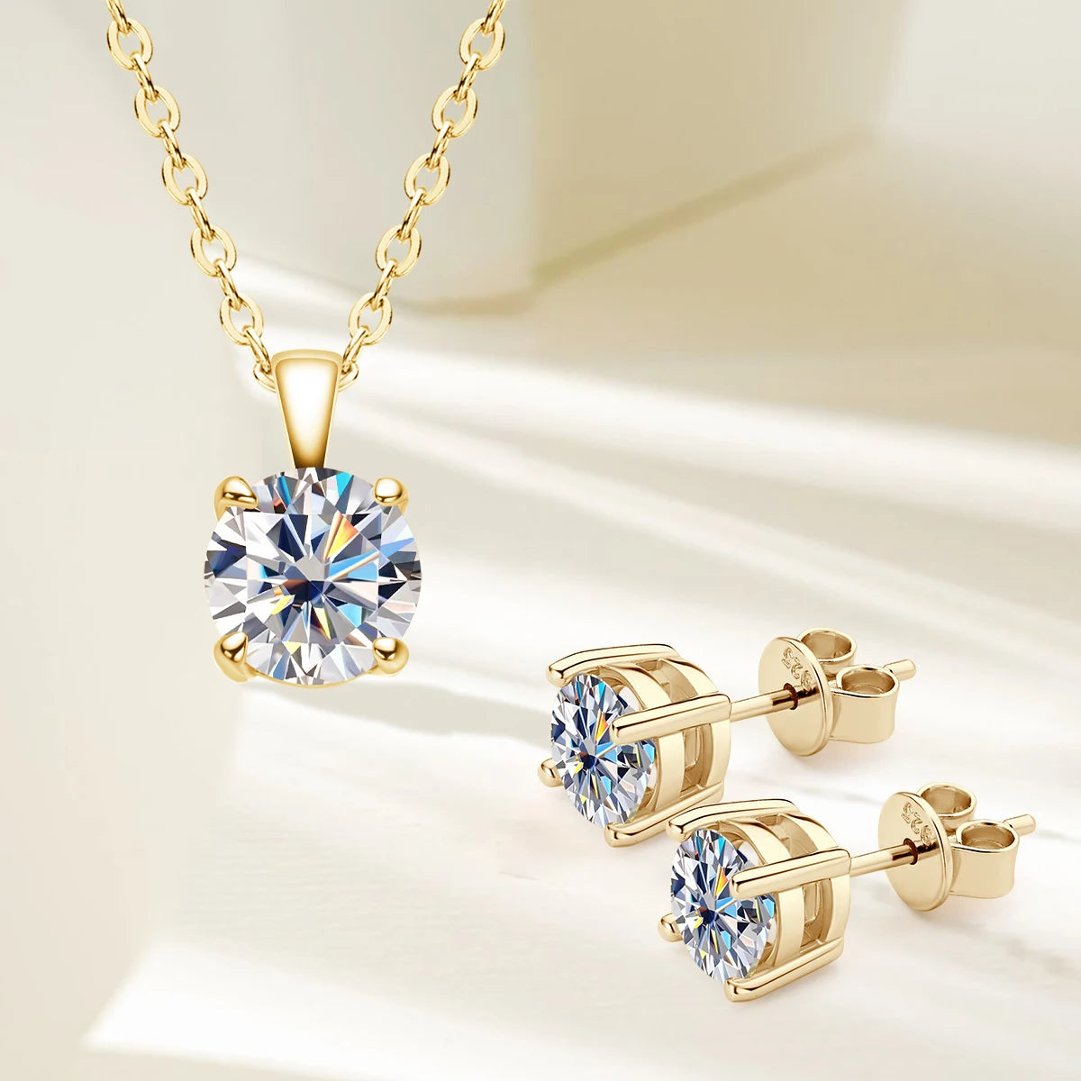 Moissanite Jewelry Set 18K Gold Plated Silver 925 Stud Earrings Pendant