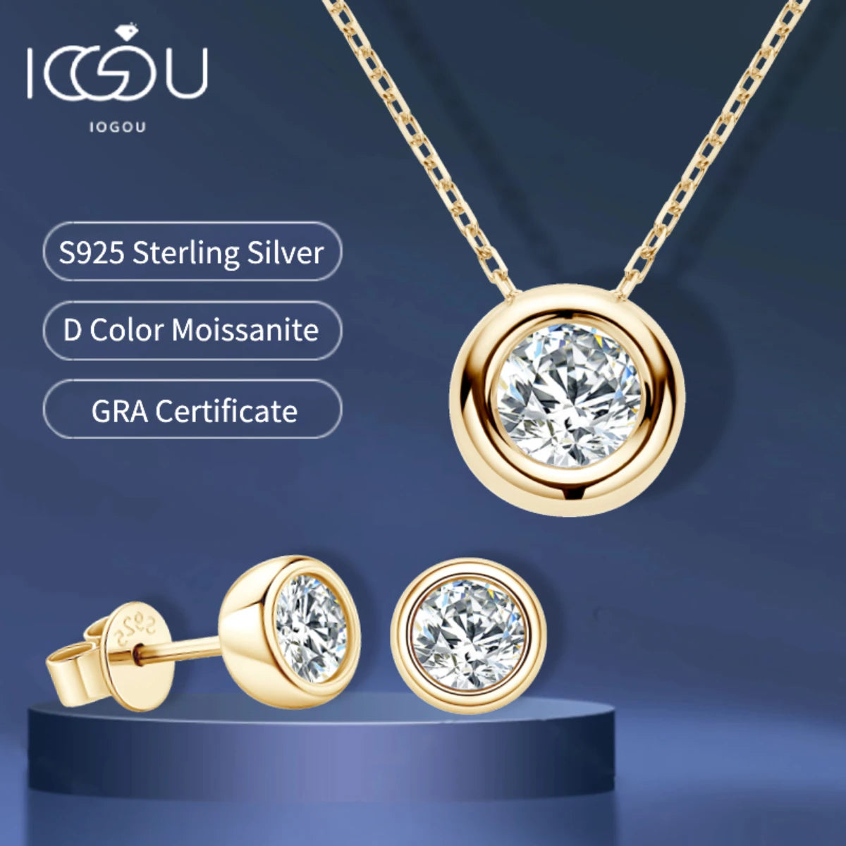IOGOU Real 3ctw. D Color Moissanite Jewelry Set 925 Silver 18k Gold Plated