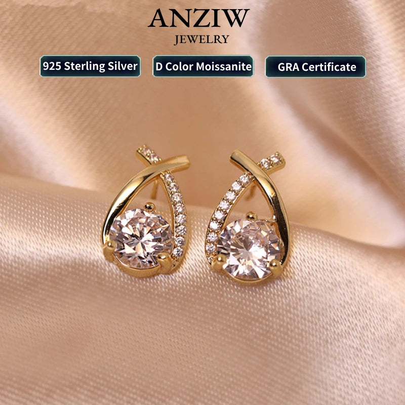 Anziw 925 Silver Stud Earrings 0.5ct Moissanite Drop Fishtail Cross Piercing