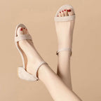 Beige High Heels Sandals Women Summer Shoes Women Fashion Open Toe Buckle Sandals Casual Square Heel Female Shoes - Imbasat