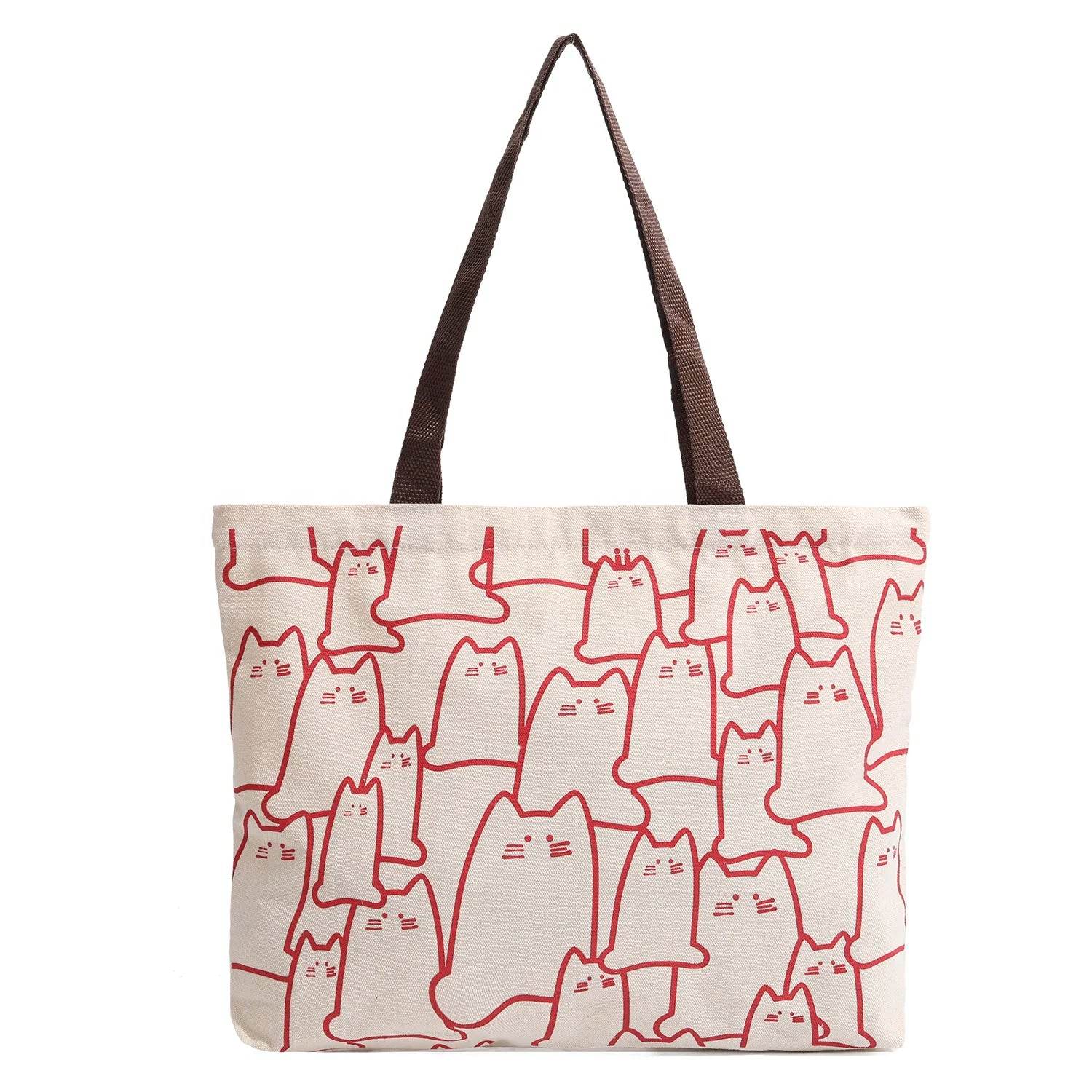 Canvas Handbag For Women 2023 Fashion Cute Cat Tote Messenger Bags With Zipper Designer Bag Ladies Cartoon Shoulder Shopper Bags - Imbasat