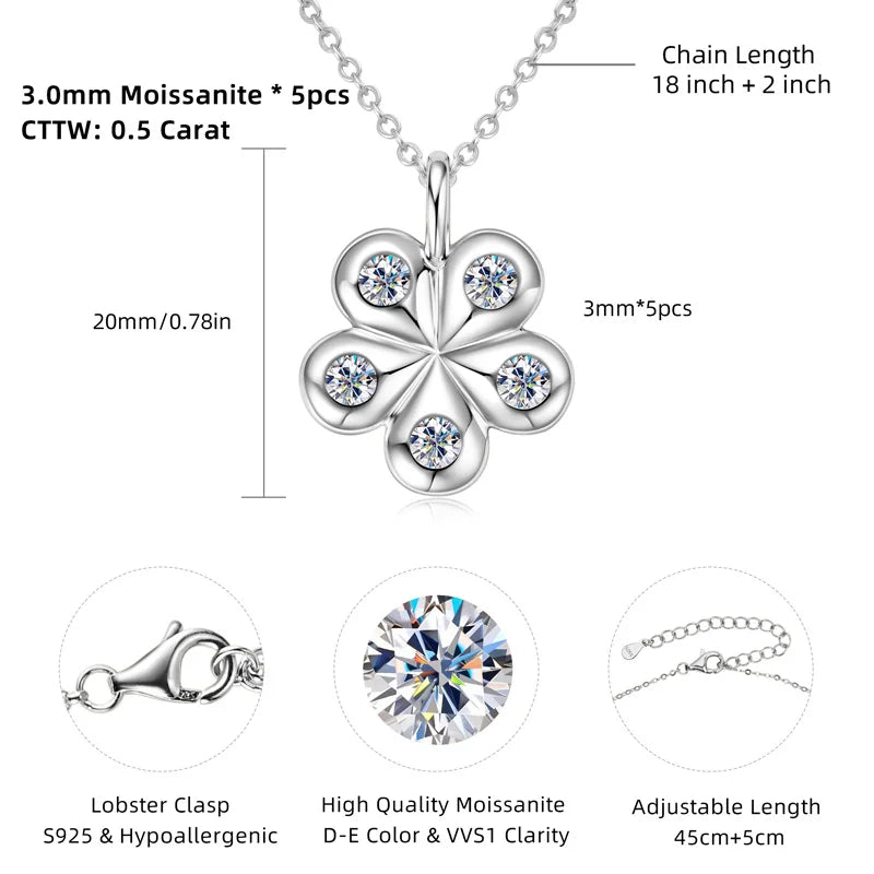 Anziw 925 Sterling Silver Moissanite Necklace Adjustable Chain Flower Petal Pendant