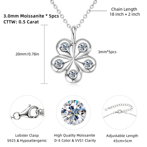 Anziw 925 Sterling Silver Moissanite Necklace Adjustable Chain Flower Petal Pendant