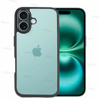 A clear protective case for iPhone 16 Plus, showcasing the front and back view of the case with the Apple logo visible.