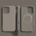 A gray silicone magnetic phone case for iPhone, shown from multiple angles, with a focus on the MagSafe charging feature.