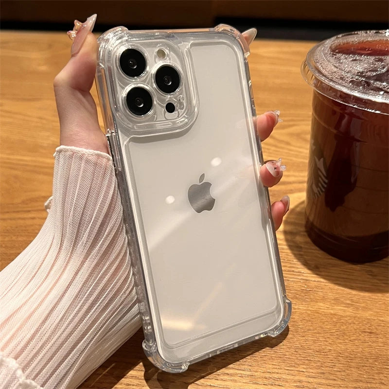 A clear, shockproof bumper case for an iPhone, displaying the case's transparency and its ability to cover the phone's camera and ports.