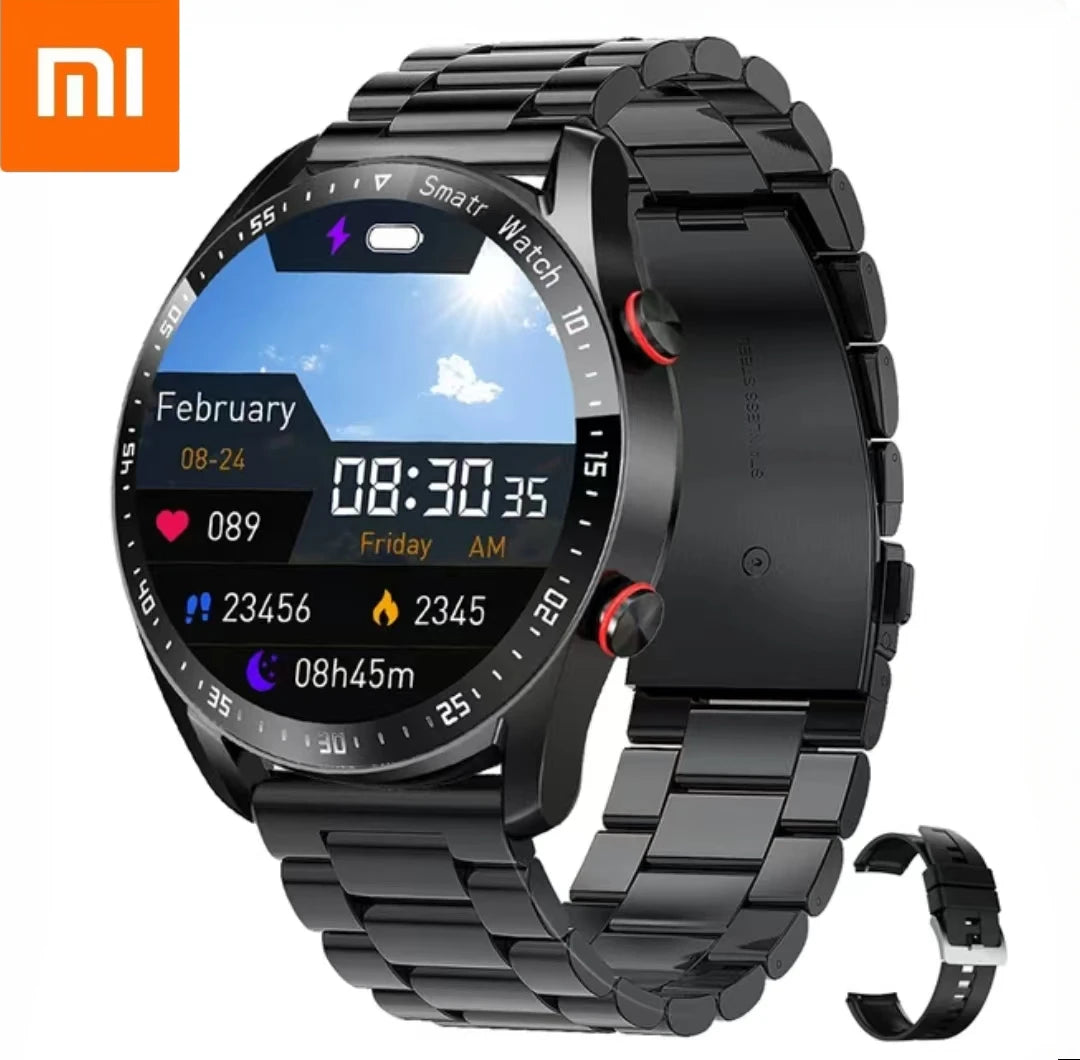 Xiaomi smartwatch with a round AMOLED screen and a stainless steel band. The watch displays time, date, weather, and fitness metrics on its screen.