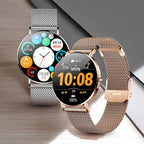 Xiaomi smart watch with a gold-colored metal band and round display showing time and various smart watch notifications.