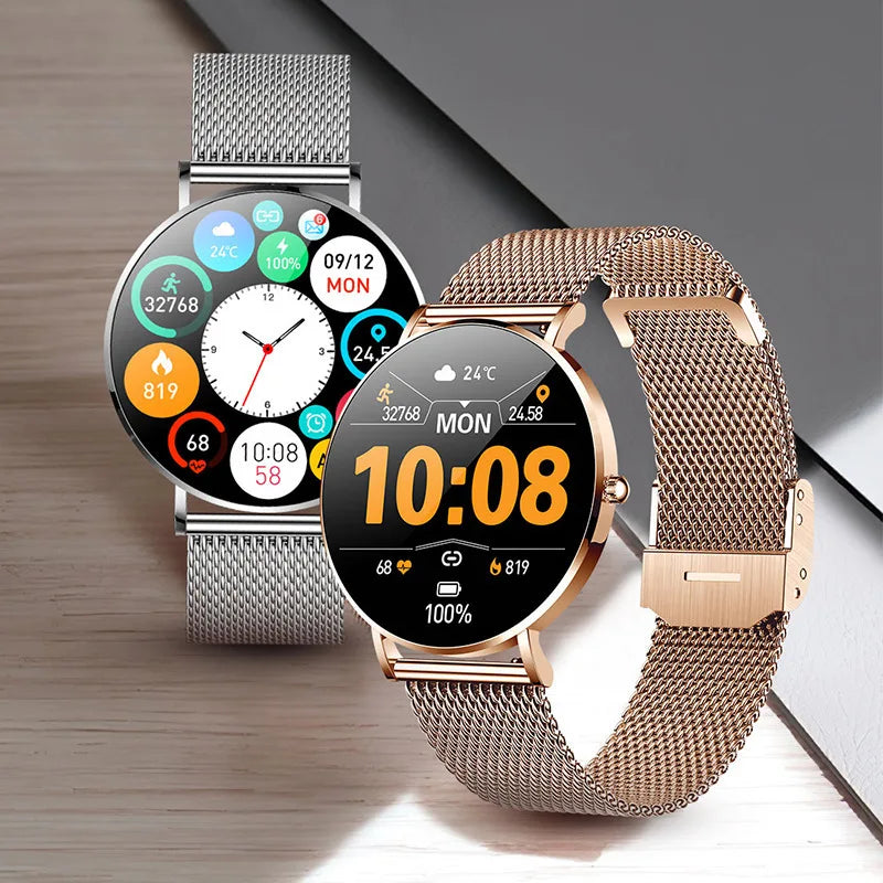 Xiaomi smart watch with a gold-colored metal band and round display showing time and various smart watch notifications.